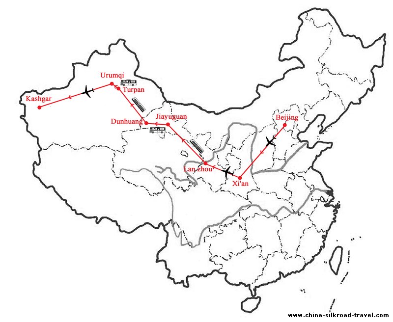 17 Days China Silk Road Tour: Beijing to Kashgar Map