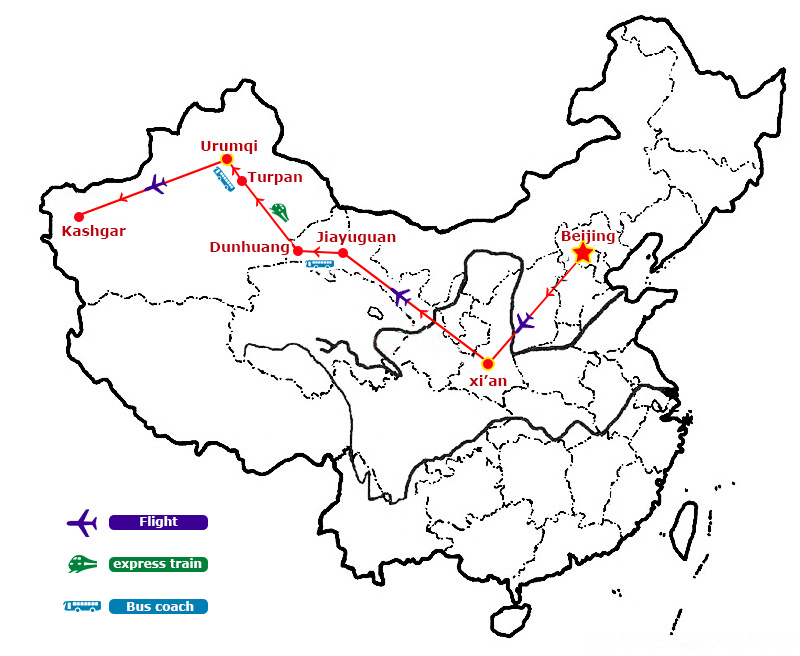 Silk Road Travel from Beijing to Bishkek Map