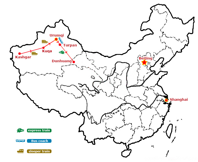 Southern Xinjiang Train Tour Map